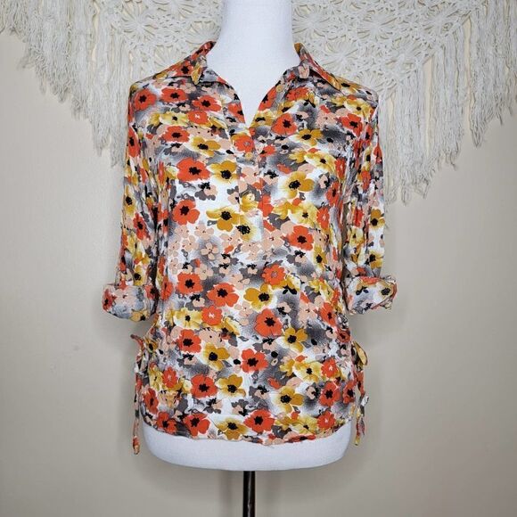 Ms bella D Tops - Ms Bella D Floral Long Sleeve Tie Hip Blouse Orange Gray Pink Size Small